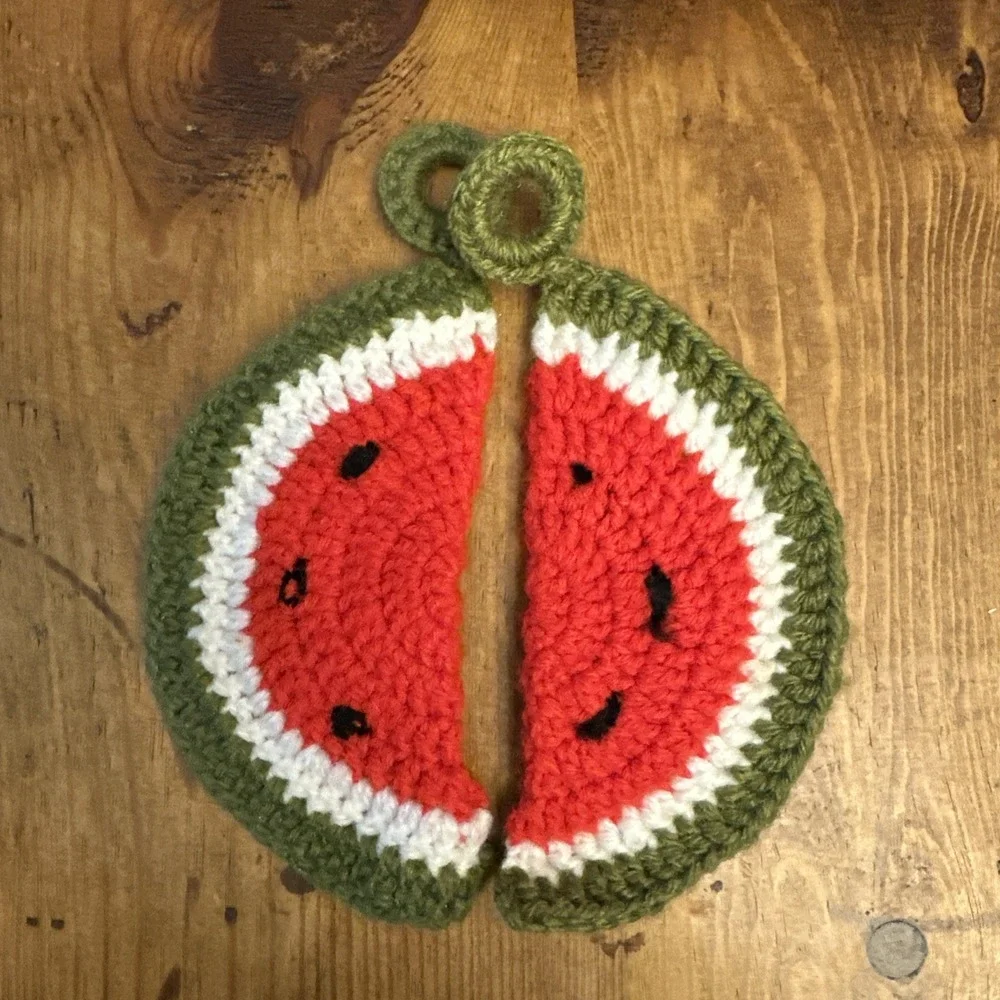 Handmade Crochet Watermelon Pot Holders Set of 2 Red Green Fruit Kitchen Decor